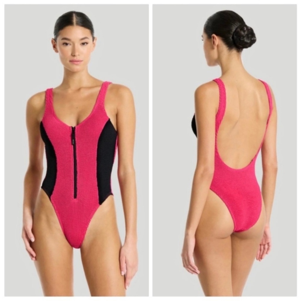 Women's Pink & Black Zip-Front One-Piece Swimsuit